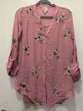 Fig & Flower Pink Embroidered Button-Front Tunic Top Sz L